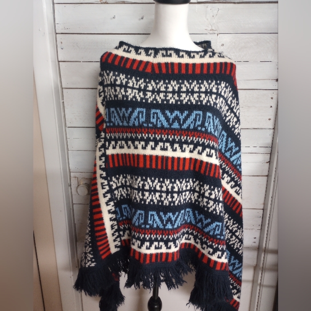 Vintage Herald House Poncho Shawl, Knit Pullover, Fringed Bottom, High Neck Boho
